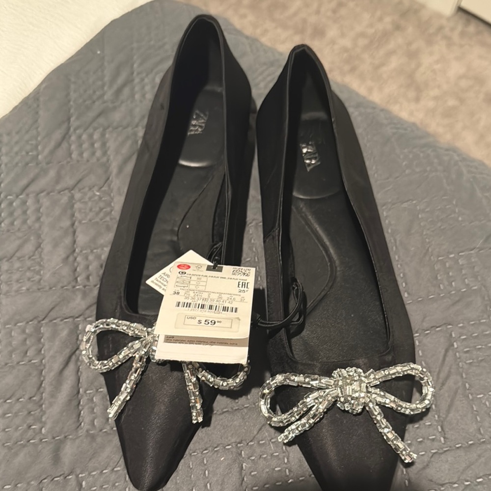 Zara Black Flats with Metallic Bow Detail
